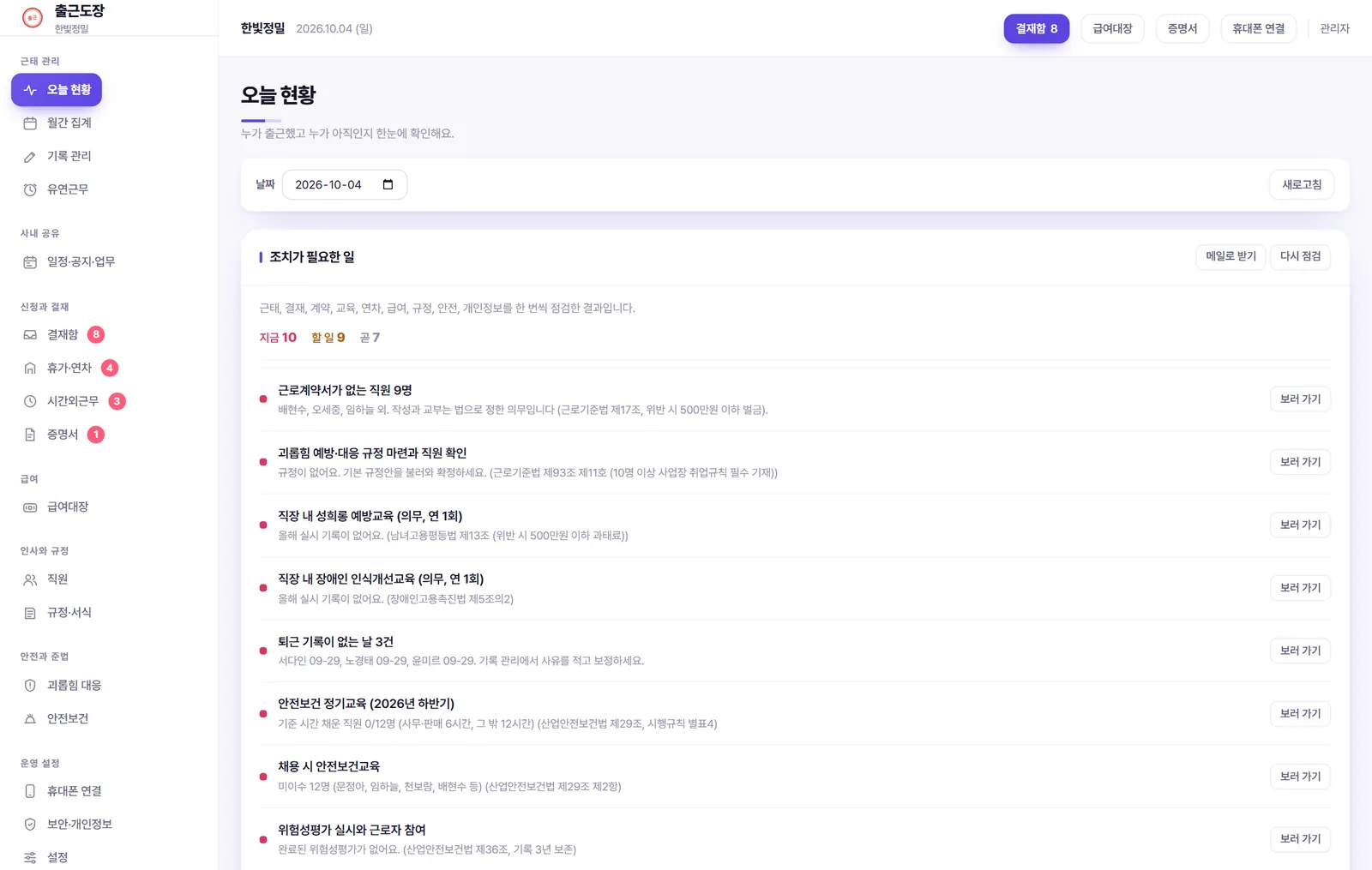 출근도장 관리자 오늘 현황 화면